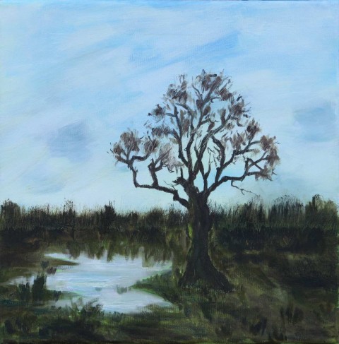 Na blatech voda strom obraz malba listy krajina obrázek koruna tráva obloha mraky plátno jezírko kmen rybník olejomalba listnatý rybníček listnáč 