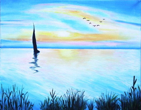 Snění o dálavách voda originální moře modrá obraz malba obrázek slunce tráva plachetnice noc ptáci mraky vlny západ olejomalba rákosí lakováno 