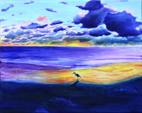 V západu slunce voda originální moře modrá obraz pták malba obrázek slunce volavka noc ptáci mraky vlny západ olejomalba lakováno 