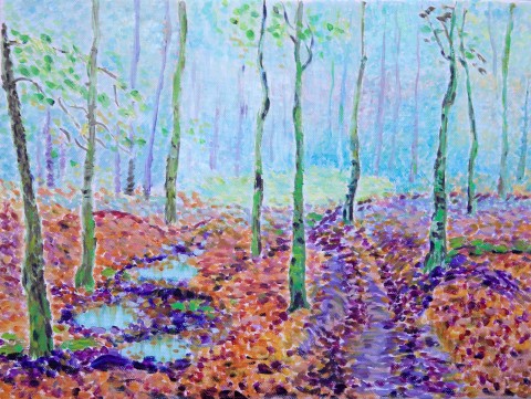 Kouzelný les voda strom obraz malba listy krajina obrázek koruna les obloha plátno cesta jezírko kmen potok olejomalba listnatý listnáč 