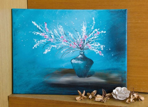 Zátiší v tyrkysové váza originální obraz květiny zátiší obrázek květ tyrkysová akryl stůl kytice plátno větve 