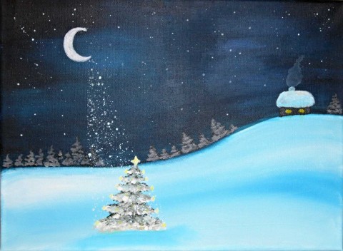 Rozsvěcení originální strom obraz krajina obrázek hvězda nebe hvězdy zimní akryl dům domeček les noc měsíc plátno stromeček 