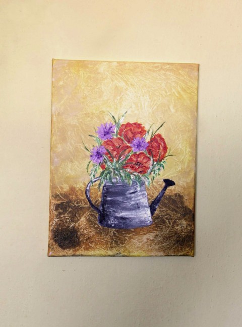 Konvička originální obraz květiny zátiší obrázek květ akryl konvička stůl kytice chrpy plátno vlčí máky 