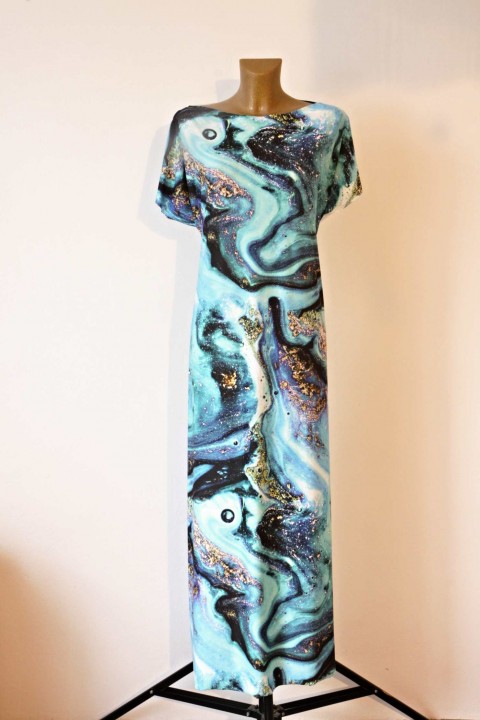 Šaty - modrozelené moře barva šaty šitá kapky kolečka kaňky fleky čmouhy stékající 