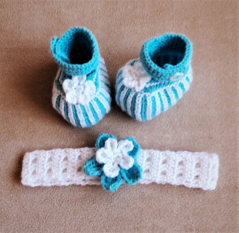 Baby set-čelenka+ bačkůrky - tyrkys dárek čelenka pro miminko do porodnice 