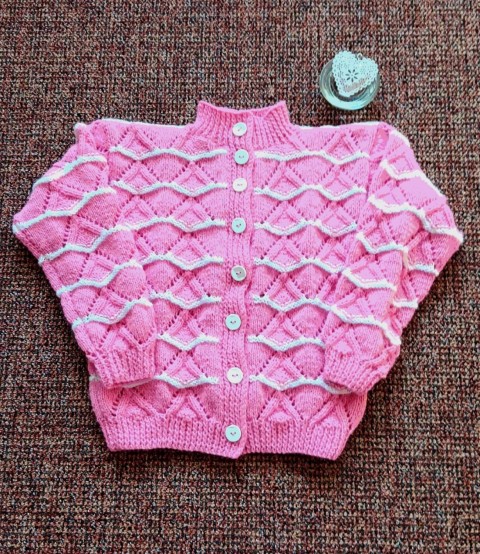 Svetřík růžový s bílými vlnkami pletené svetr pro holčičky 