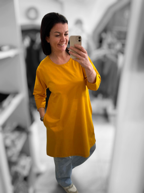 Dámské šaty hořčice L/XL šaty hřejivé šatky melírované svetrové 