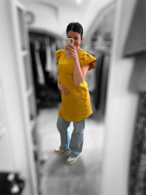 Dámská mušelinová šatovka mustard letní bavlna lehké mušelin 