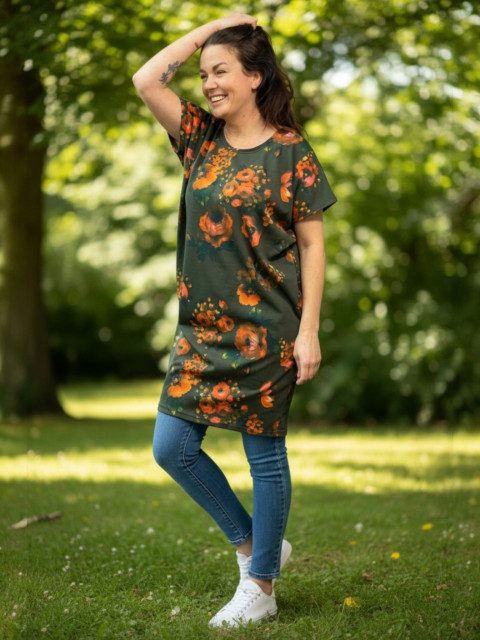 Dámské šaty Květy na zelené - M/L šaty hřejivé šatky melírované svetrové 