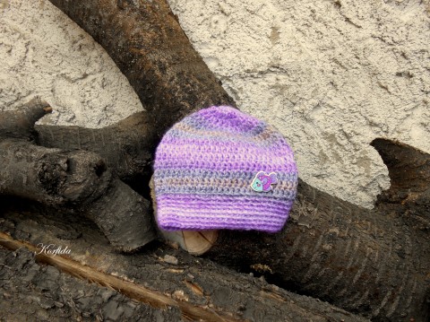 Čepice háčkovaná melírovaná fialová rybička fialová čepice jarní dívčí šedá béžová zimní akryl vlna podzimní unisex melírovaná handmade 