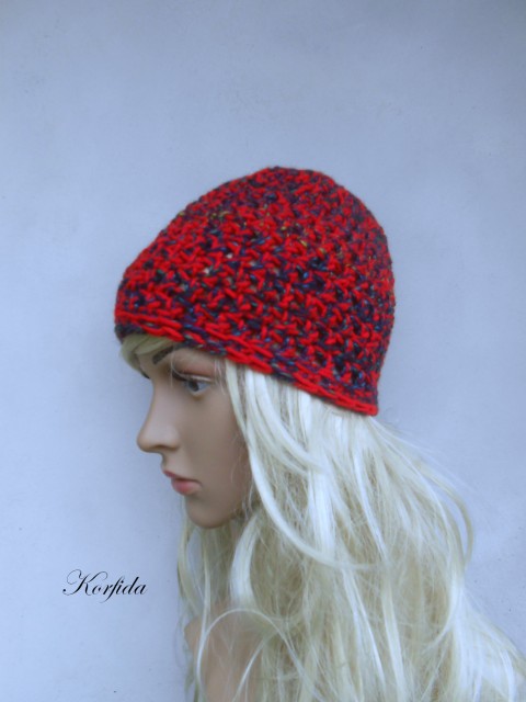 Čepice háčkovaná melír. do červena červená modrá fialová čepice jarní dívčí zimní akryl vlna podzimní unisex melírovaná handmade 