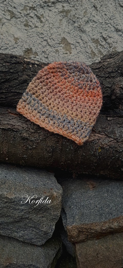 Čepice háčkovaná oranžová s šedou oranžová čepice jarní dívčí šedá zimní akryl dětská podzimní unisex melírovaná chlapecká handmade antipilling premium 