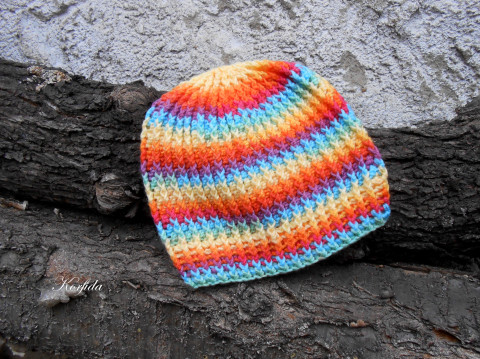 Čepice háčkovaná duhová I červená zelená modrá oranžová fialová čepice jarní dívčí žlutá zimní akryl dětská podzimní unisex melírovaná chlapecká handmade 