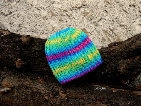 Čepice háčkovaná duhová III červená zelená modrá oranžová fialová čepice jarní dívčí žlutá zimní akryl dětská podzimní unisex melírovaná chlapecká handmade 