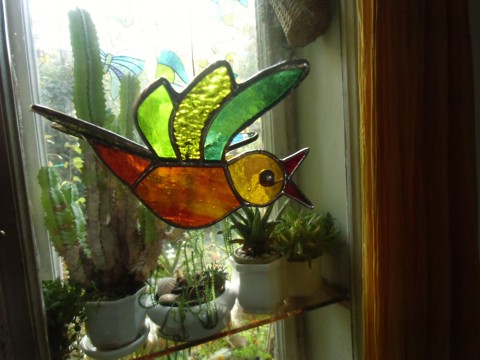 Ptáček prostorový vitráž tiffany pták sklo 