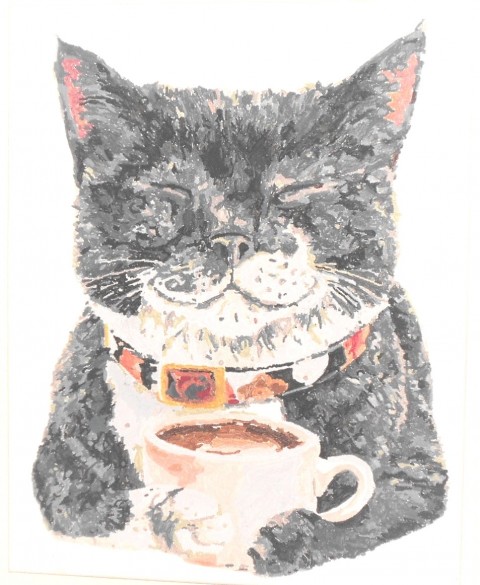Kočka a káva malováno akrylovými barvami rozm 