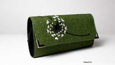 Pampelína na tmavě zelené kabelka originální dárek taška květina peněženka motýl květy dáreček výšivka kůže koruna peníze imitace nákupní nákupy karty dolar shopping euro 