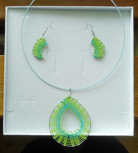 Modrozelená souprava šperků zelená bavlna elegantní paličkování ozdoba tyrkysová plátno ruční práce 
