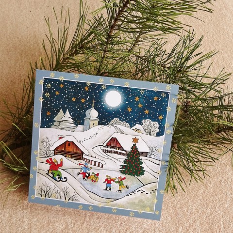 Přání k Vánocům-BRUSLENÍ ZA MĚSÍČKU děti vánoce přání vánoční měsíček hvězdy kostel přáníčko bruslení chaloupky 