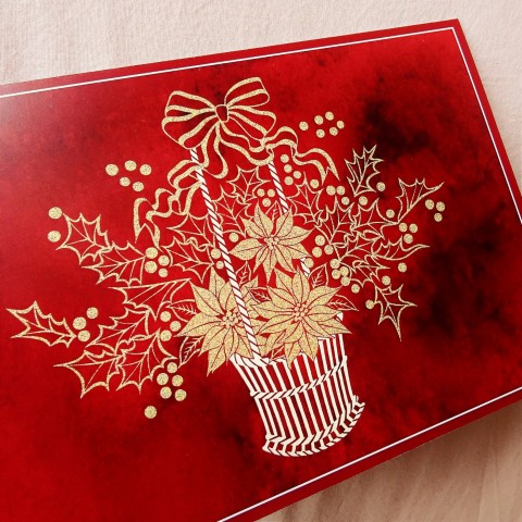 Přání  - VÁNOČNÍ KOŠÍČEK V ČERVENÉ papír červená vánoce přání vánoční košíček advent přáníčka cesmína vánoční hvězda 