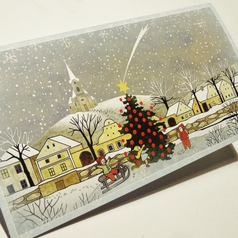 Blahopřání k Vánocům - TROJICE papír děti sníh vánoce přání kometa kostel stromeček advent vločky sáňky náves 