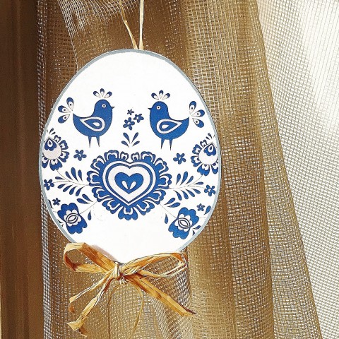 Vajíčko PTÁČCI V MODRÉ papír dekorace modrá bílá velikonoce ptáčci zavěšení kraslice vajíčko 
