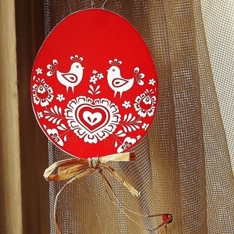 Vajíčko PTÁČCI V ČERVENÉ papír červená dekorace bílá velikonoce ptáčci zavěšení kraslice vajíčko 