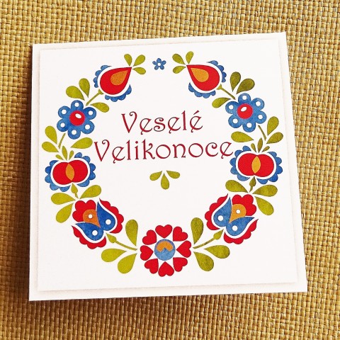 Přání VELIKONOČNÍ VĚNEC papír pestrobarevné jarní květiny přání ornament jaro velikonoce velikonoční folklór svátky 