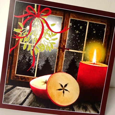 Blahopřání k Vánocům - JABLÍČKO jablko vánoce stuha mašle svíčka světlo přání vánoční stromy les okno advent vločky jmelí 