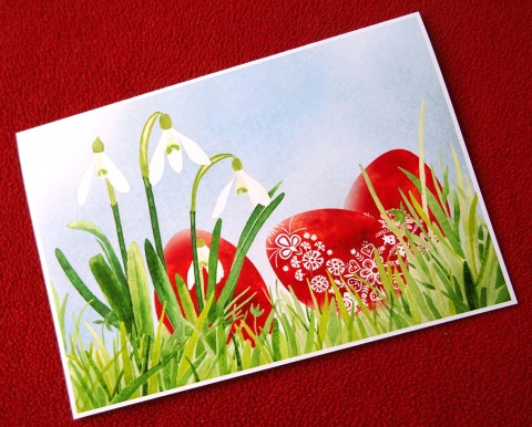 Přání-VELIKONOČNÍ ZAHRADA-SNĚŽENKY červená zelená modrá bílá svátek přání velikonoce rostlina sněženka velikonoční kraslice vajíčko 