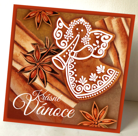 Přání - SE SKOŘICÍ A BADYÁNEM vánoce vůně bílá přání vánoční skořice anděl andělíček perník koření okrová přáníčko advent skořicová adventní badyán 