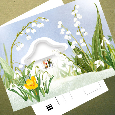 ZAHRADA VONÍCÍ JAREM - pohlednice červená zelená modrá jarní květy bílá přání žlutá jaro velikonoce domeček tráva mašlička domek vajíčka celoroční kraslice krokus konvalinky sněženky pohlednice 