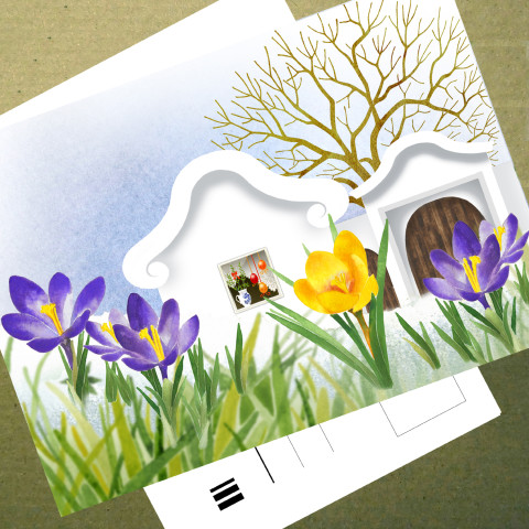 JIHOČESKÉ STAVENÍ - pohlednice červená zelená modrá jarní květy bílá přání žlutá jaro velikonoce domeček tráva mašlička domek vajíčka celoroční kraslice krokus pohlednice 