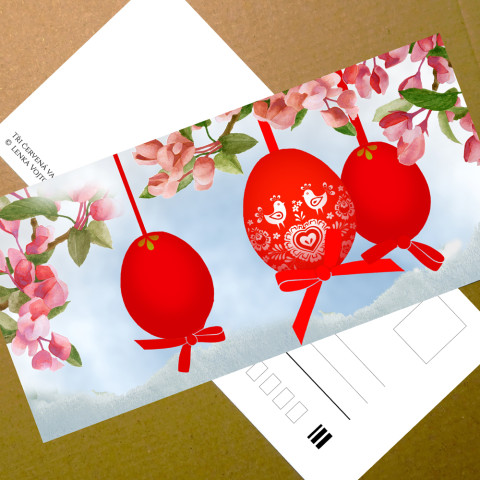 TŘI ČERVENÁ VAJÍČKA - pohlednice červená zelená modrá květy bílá přání velikonoce větvička mašlička vajíčka celoroční kraslice větev pohlednice 