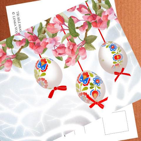 TŘI BÍLÉ KRASLICE - pohlednice červená zelená modrá květy bílá přání velikonoce větvička mašlička vajíčka celoroční kraslice větev pohlednice 