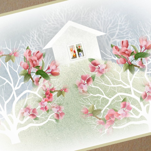 Přání - ZELENÝ VRŠÍČEK červená zelená strom modrá oranžová stuha mašle jarní květy bílá přání hnědá jaro velikonoce dům domeček mašlička stužka velikonoční okno přáníčko kraslice vajíčko svátky losová okénko 