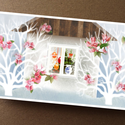 Přání - BÍLÝ DOMEČEK červená zelená strom modrá oranžová stuha mašle jarní květy bílá přání hnědá jaro velikonoce dům domeček mašlička stužka velikonoční okno přáníčko kraslice vajíčko svátky losová okénko 