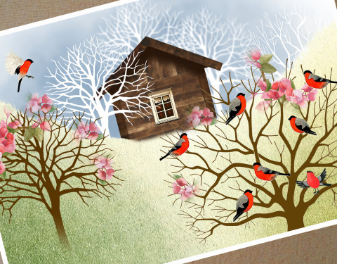 Přání - DOMEČEK V ROZKVETLÉM ÚDOLÍ červená zelená strom modrá jarní květy bílá přání hnědá jaro velikonoce dům domeček velikonoční okno přáníčko svátky losová okénko dřevěnice 