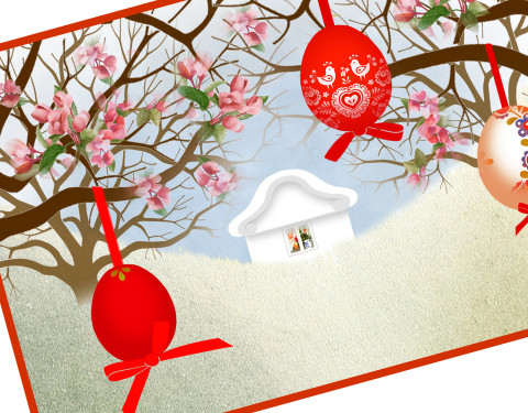 Přání - CESTA JABLOŇOVOU ALEJÍ červená zelená strom modrá oranžová stuha mašle jarní květy bílá přání hnědá jaro velikonoce dům domeček mašlička stužka velikonoční okno přáníčko kraslice vajíčko svátky losová okénko 