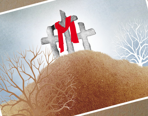 Přání - GOLGOTA červená strom jarní bílá přání jaro velikonoce hora kříž velikonoční okrová přáníčko křesťanství nebesky modrá kopec zmrtvýchvstání 