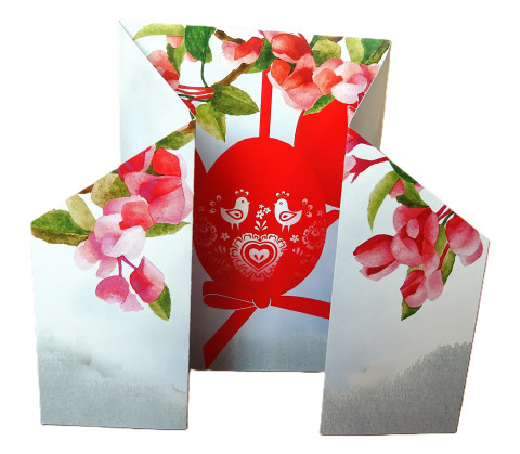 Přání - ČERVENÁ VAJÍČKA 3D červená zelená strom modrá oranžová stuha mašle jarní květy bílá přání hnědá jaro velikonoce mašlička stužka velikonoční přáníčko kraslice vajíčko svátky losová 