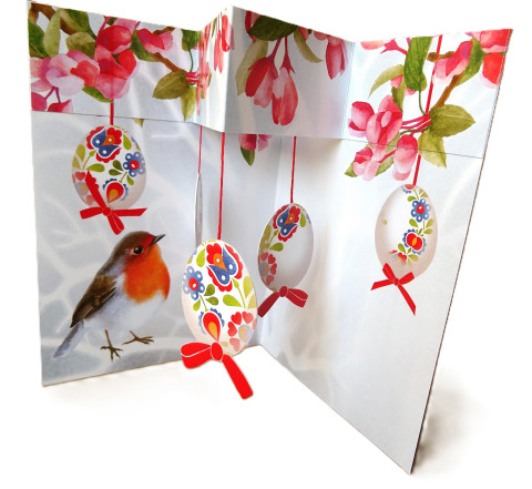 Přání - VELIKONOČNÍ STROM 3D červená zelená strom modrá oranžová pták ptáček stuha mašle jarní květy bílá přání jaro velikonoce mašlička stužka velikonoční přáníčko kraslice vajíčko svátky červenka losová 