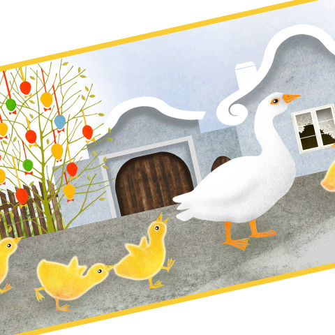 Přání - VELIKONOČNÍ NÁVES červená zelená strom jarní žlutá jaro velikonoce větvička domeček stavení rozkvetlá velikonoční kraslice husa svátky housátka náves 