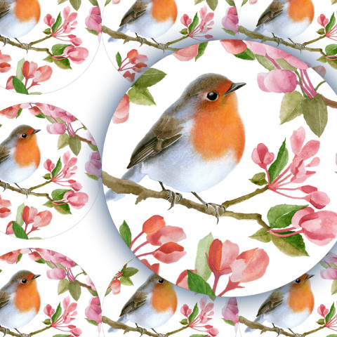 ČERVENKA NA ROZKVETLÉM STROMĚ-sam. zábava ptáček květy přání příroda jaro velikonoce diář větvička rostlina deník celoroční obálka větev červenka nálepka pohlednice samolepky samolepka 