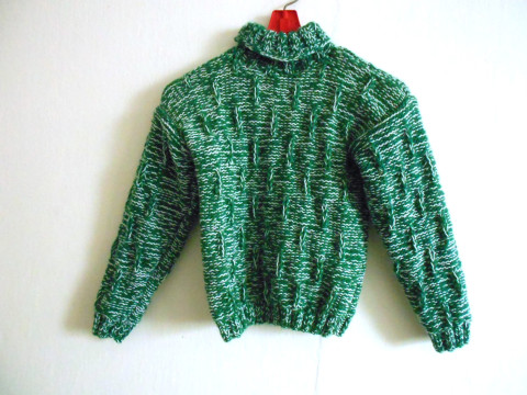 Velmi teplý dětský rolák s merinem zelená bílá svetr rolák akryl merino 