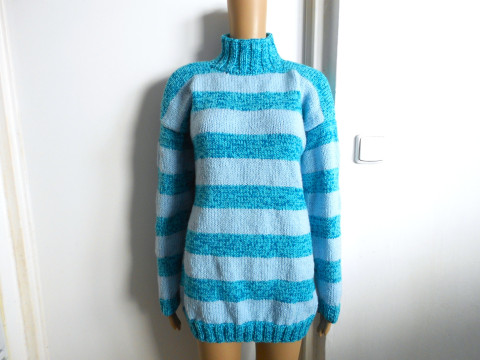 Ručně pletený svetr s merinem L,XL modrá svetr tyrkysová akryl vlna merino 