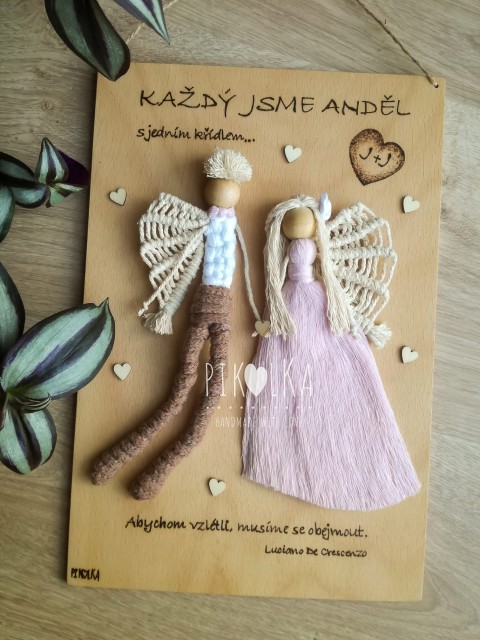 Svatební obraz - Andělé na dřevě dekorace bavlna výročí svatba anděl příze drhání macramé angel svatební dar macrame 