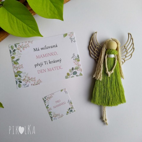 Andělka a přání - Den matek - zel. zelená andělka hrášková andel den matek boho prani macrame darek podekovani pranicko 