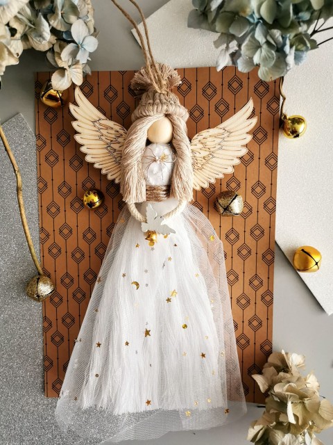 Andělka z příze - Zimní kouzlo anděl andělka drhání macramé závěsná dekorace 