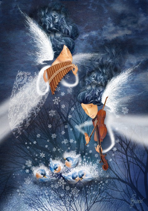 Zimní romance sníh strom zima vánoce anděl hudba ptáci harfa 